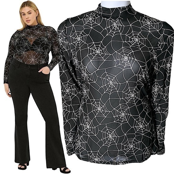 TORRID Spider-Web‎ Print Semi-Sheer Long Sleeve Mesh Mock Neck Blouse NWT - Picture 1 of 9